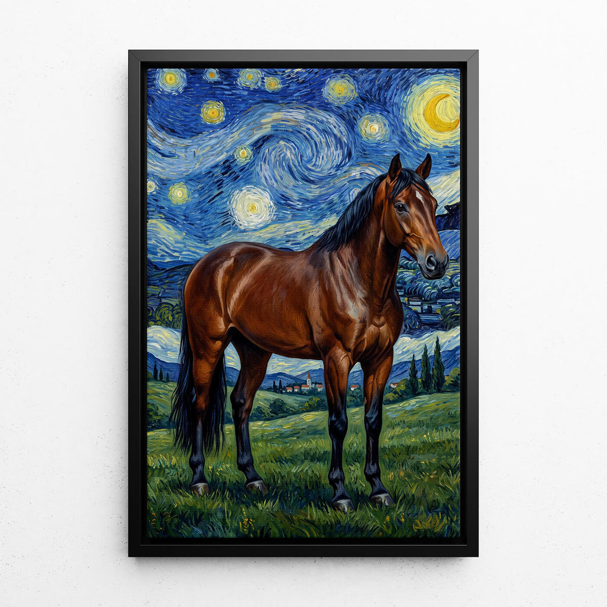 Retrato de cavalo em estilo Van Gogh a partir da tua foto - tela com moldura preta